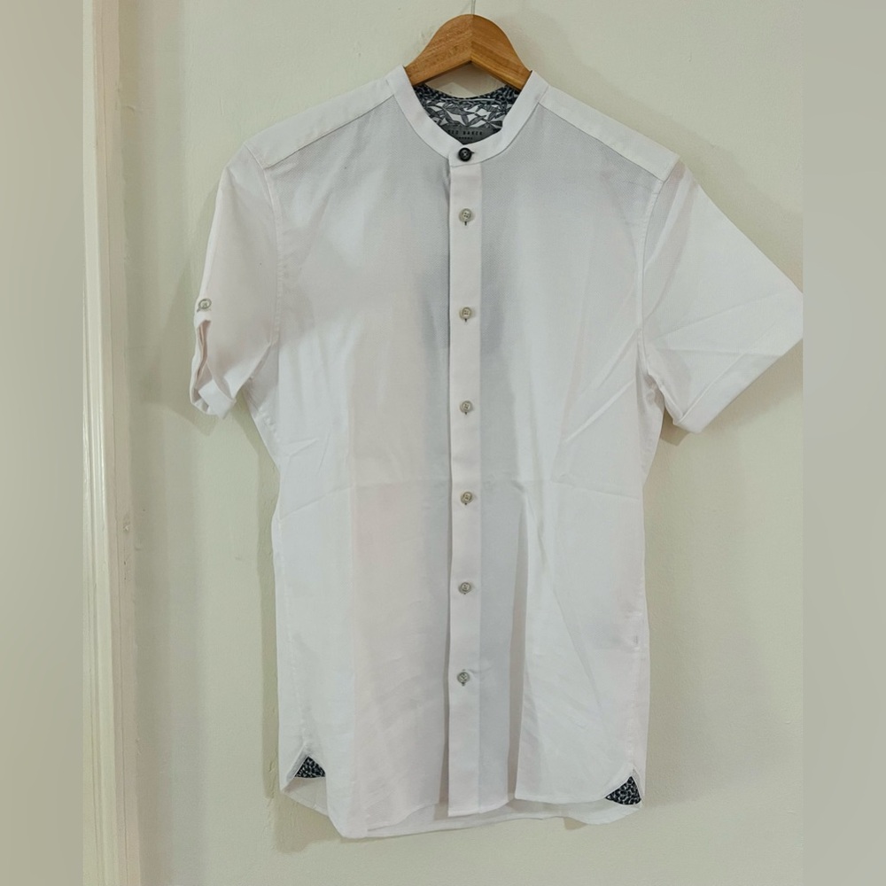 Ted Baker NWT Mens Short Sleeve Button Up Grandad Collar in White Size 1 / XS